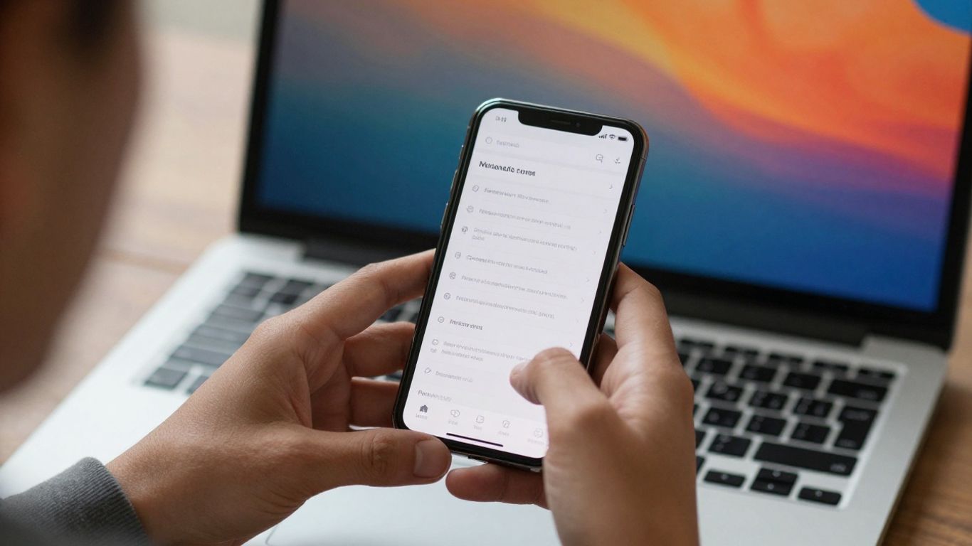 Hands holding smartphone with digital document, laptop in background.