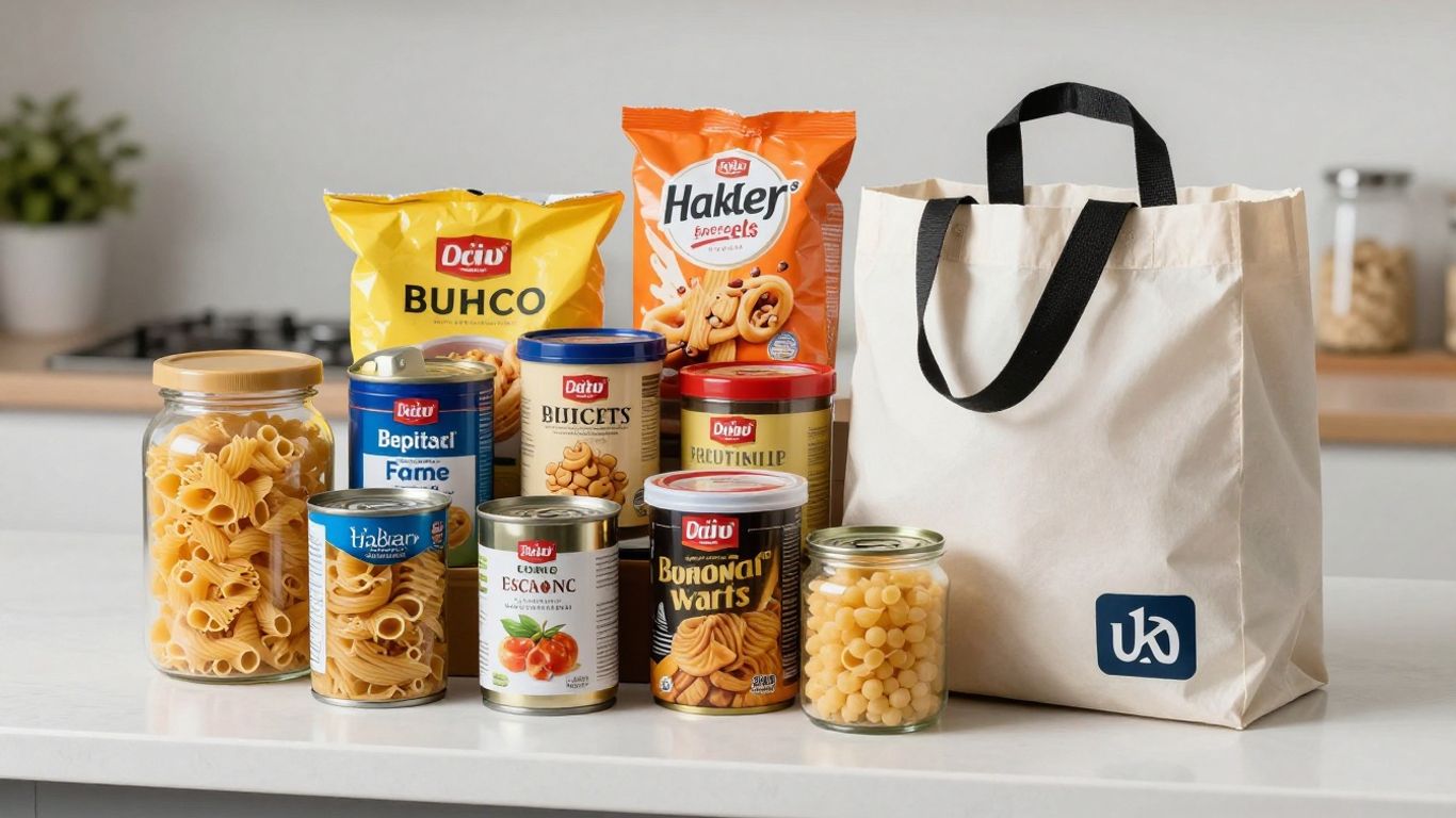 Travel grocery kit with essentials and reusable bag.