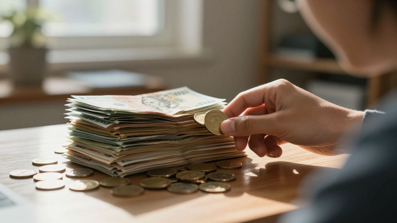 Persona revisando dinero y facturas con enfoque.