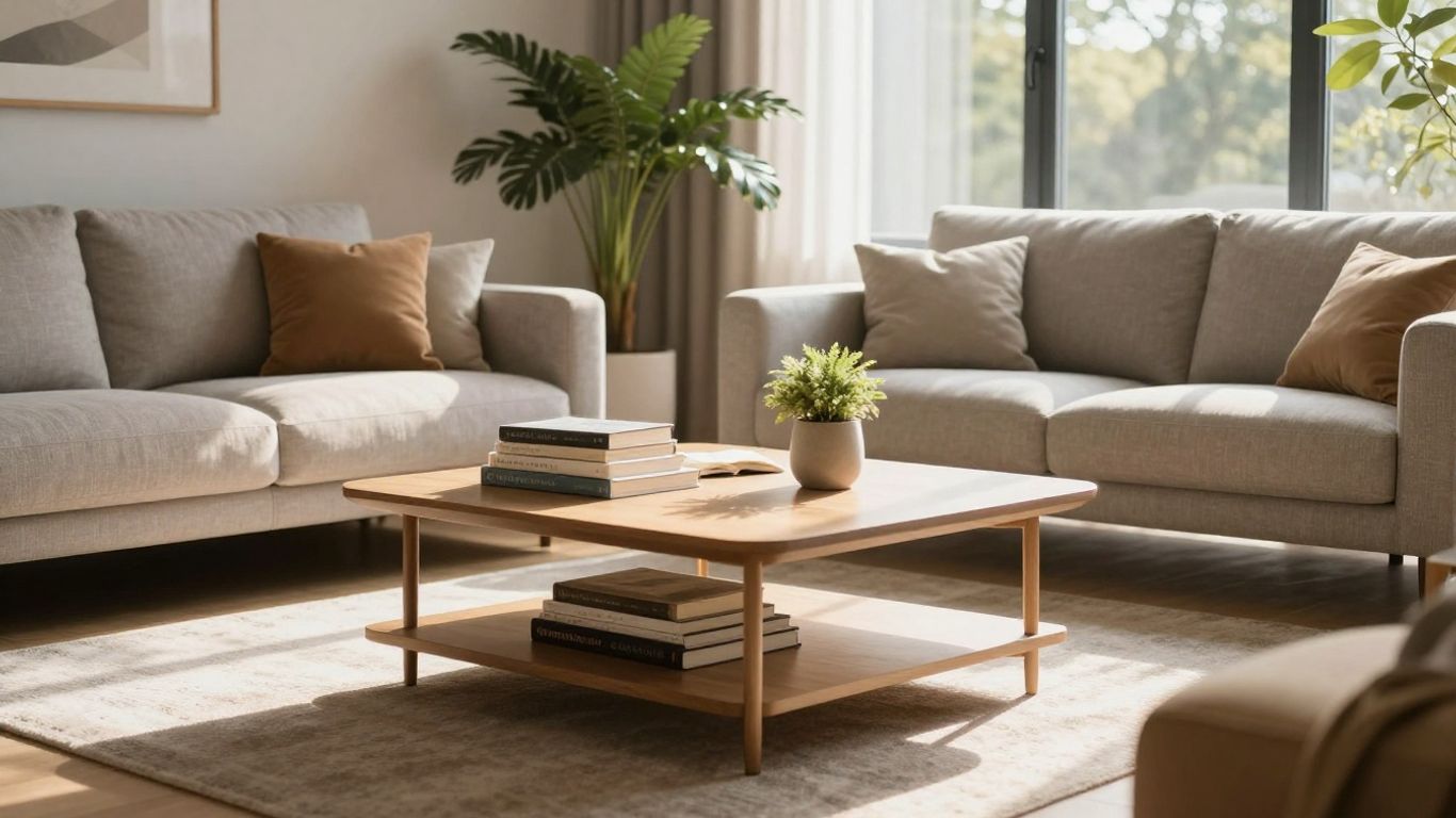 Sala de estar moderna con luz natural y elementos de confort.