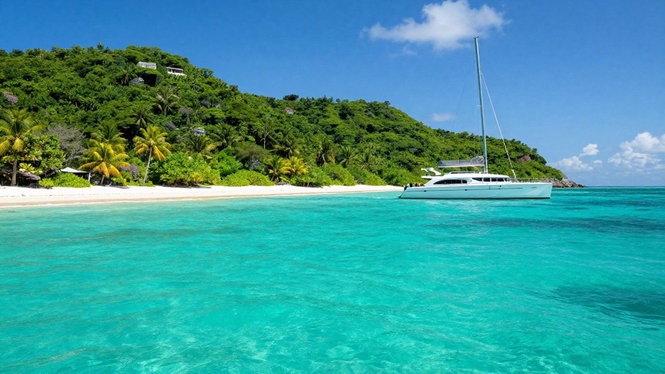 Catamaran sailing in clear Caribbean waters near islands.