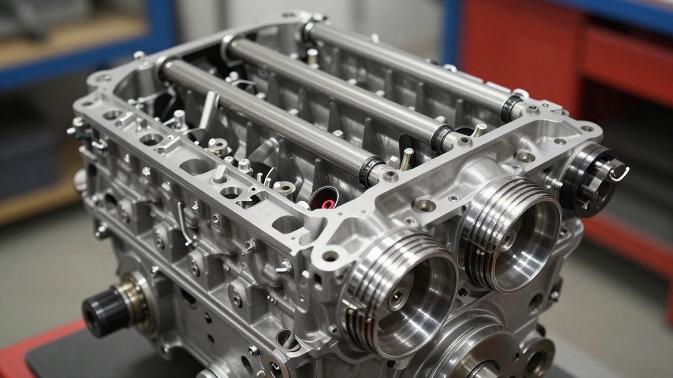 Reconditioned Ford engine in a workshop