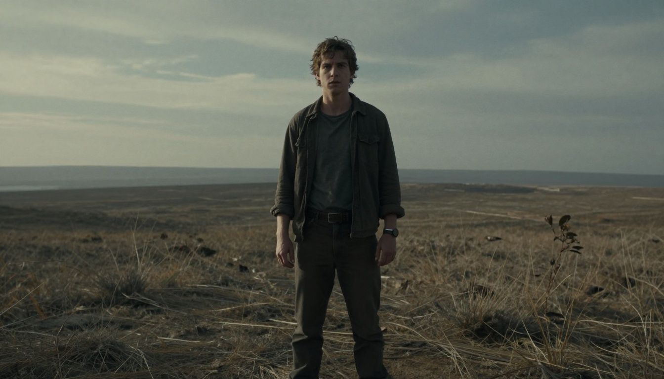 Cena cinematográfica de um futuro pós-apocalíptico com Sam Porter Bridges encarando um horizonte vasto e misterioso