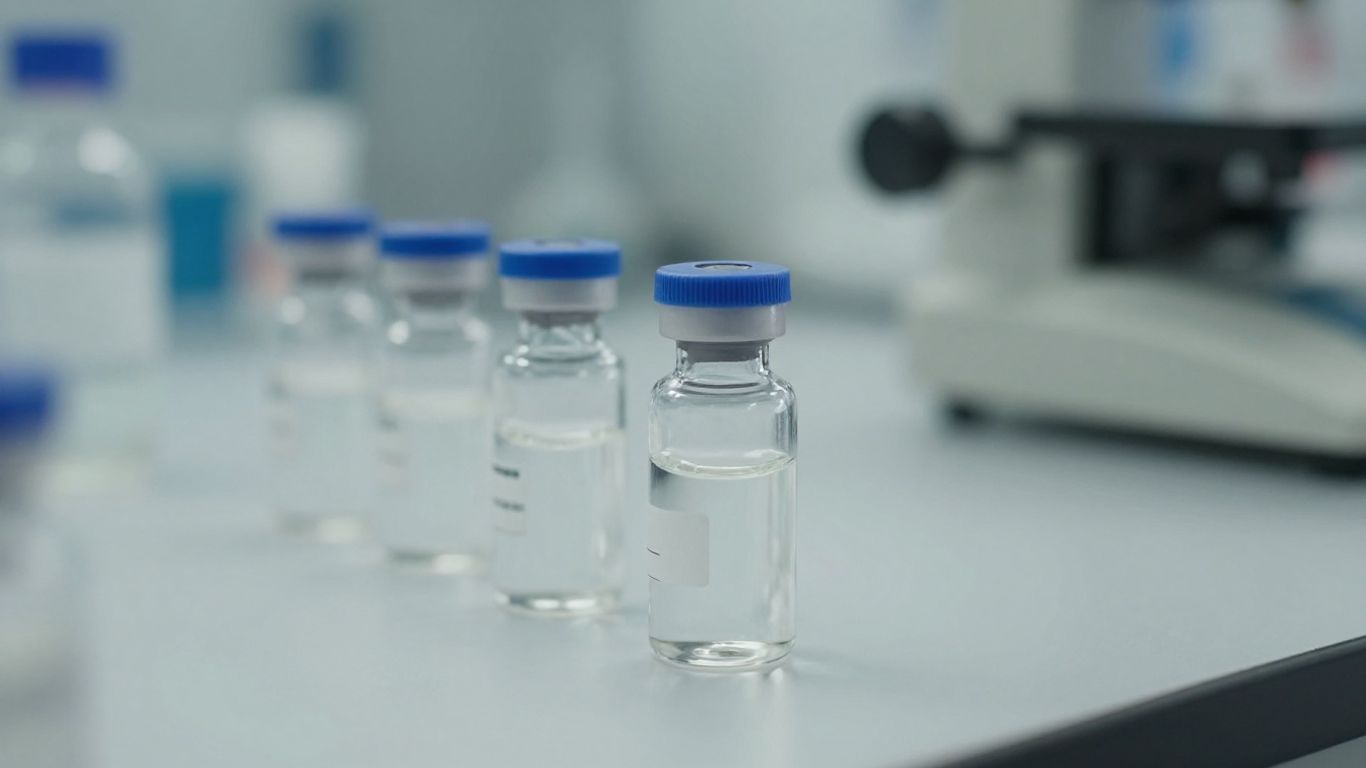 Viales de laboratorio con líquidos claros.