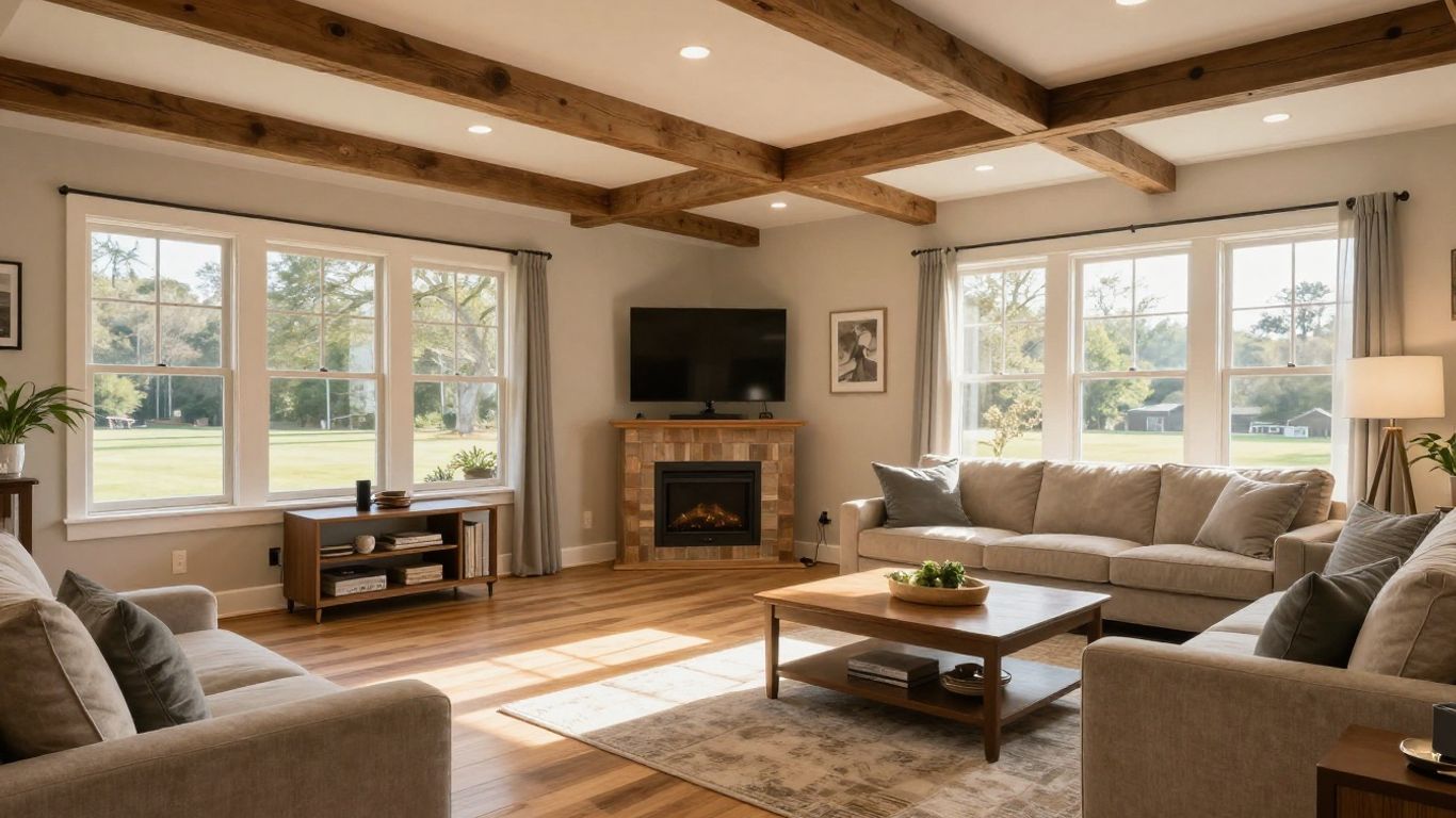 Finished basement living area with modern design and warm lighting.