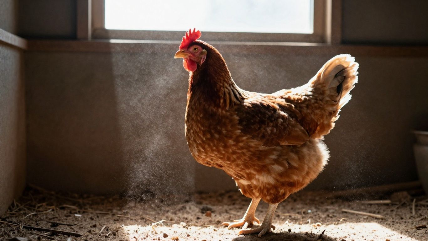 Kurczak w zacienionym kurniku podczas upałów.