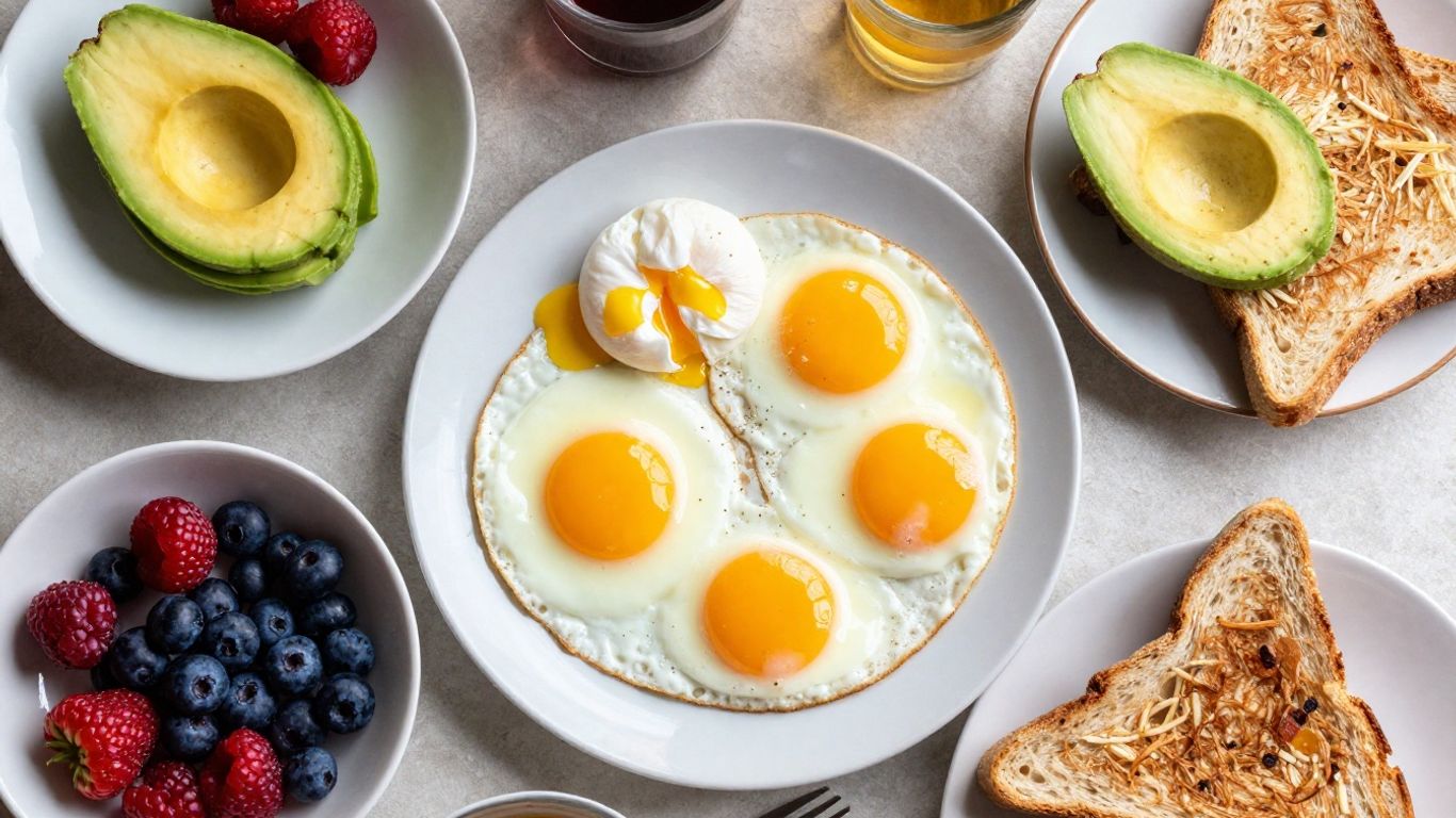 Creative egg dishes with colorful breakfast sides.