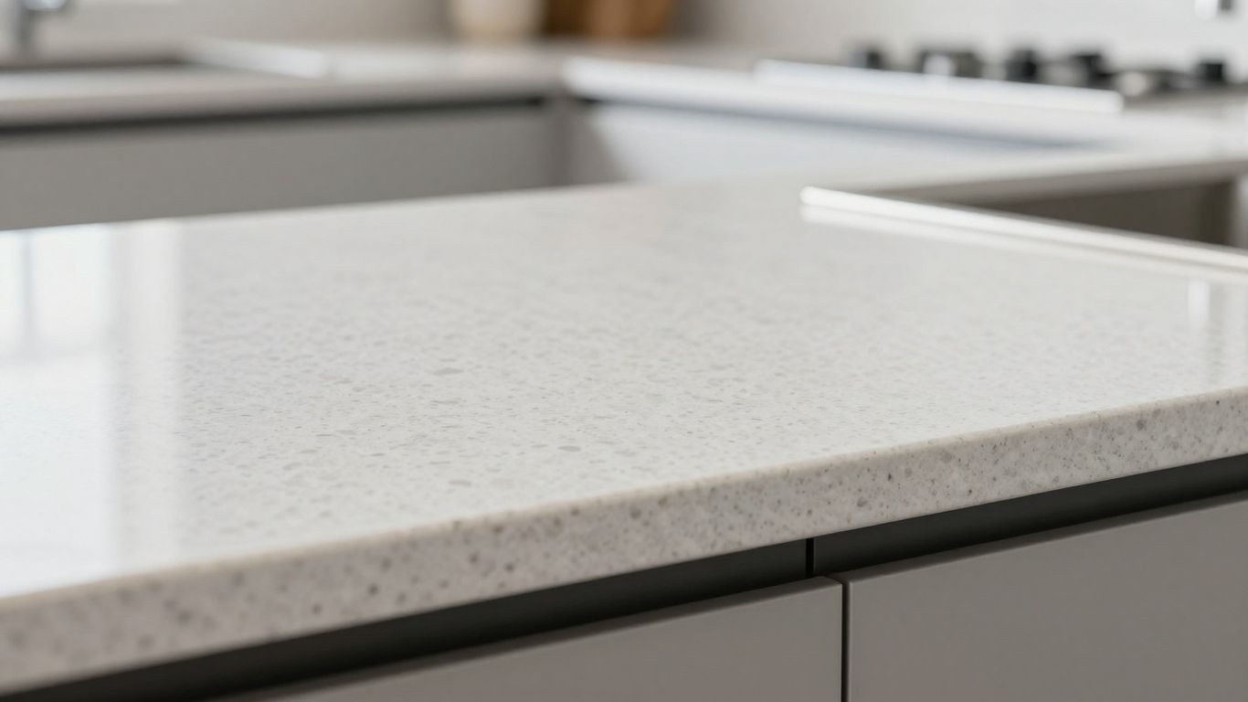 Polished quartz kitchen worktop surface detail.