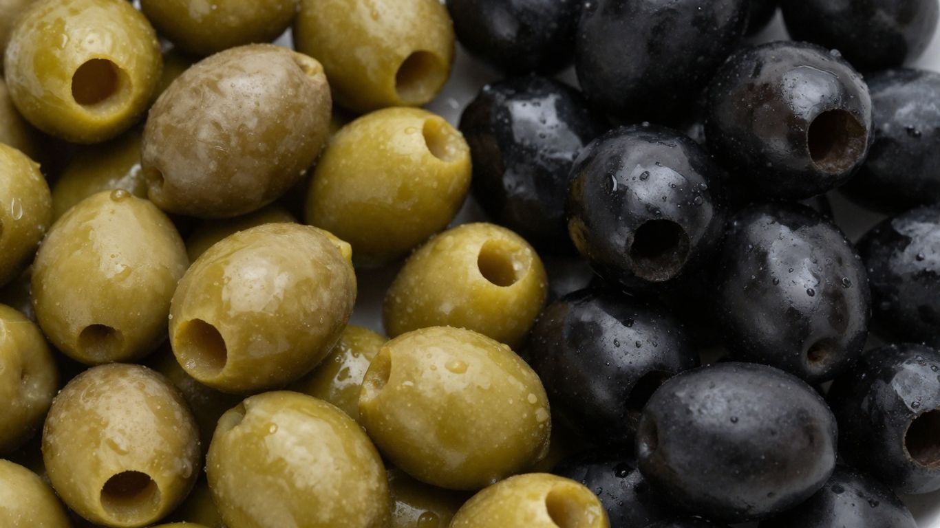 Grüne und schwarze Oliven nebeneinander, Nahaufnahme.