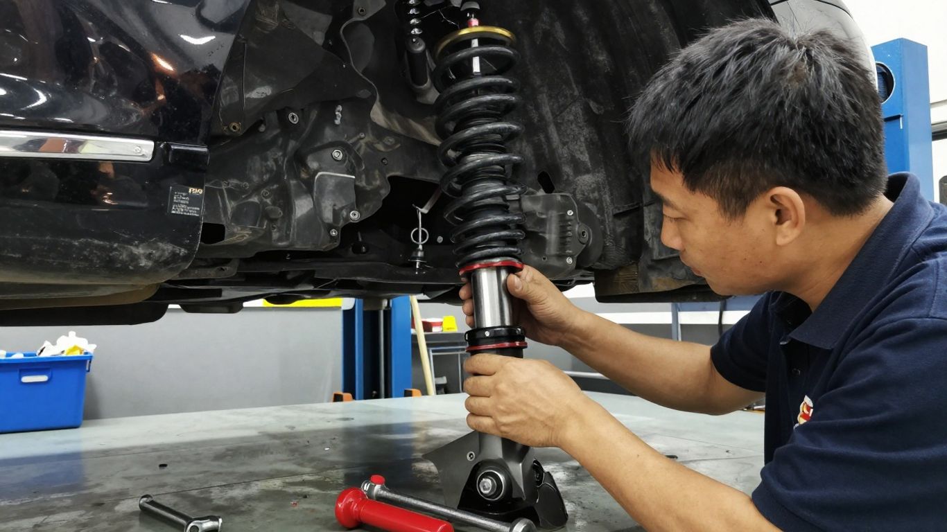 Technician repairing Mercedes suspension in a workshop