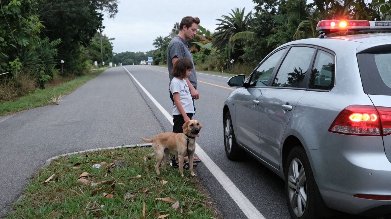 Family and dog by car with hazard lights on.