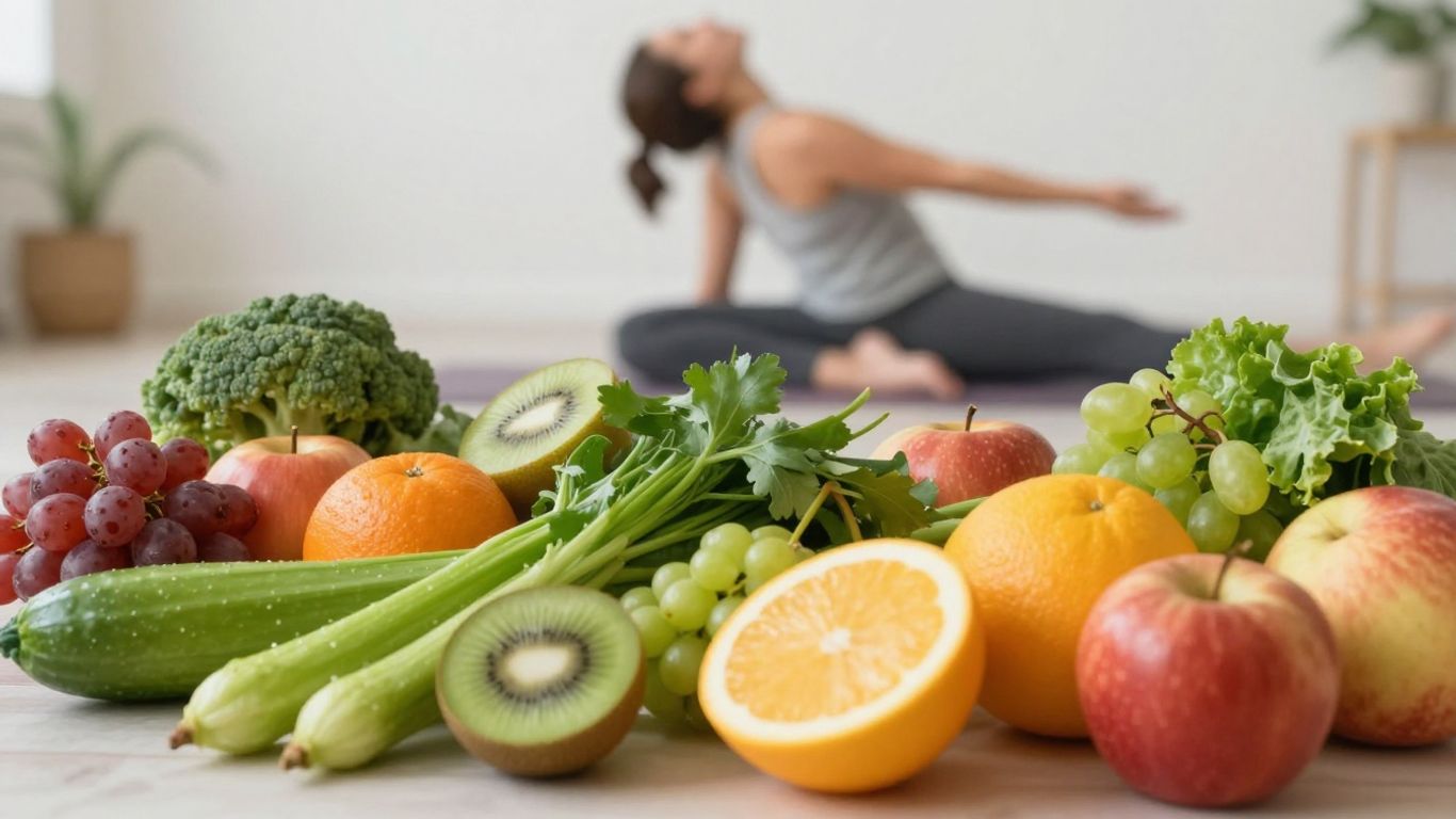 Healthy food and active lifestyle elements.