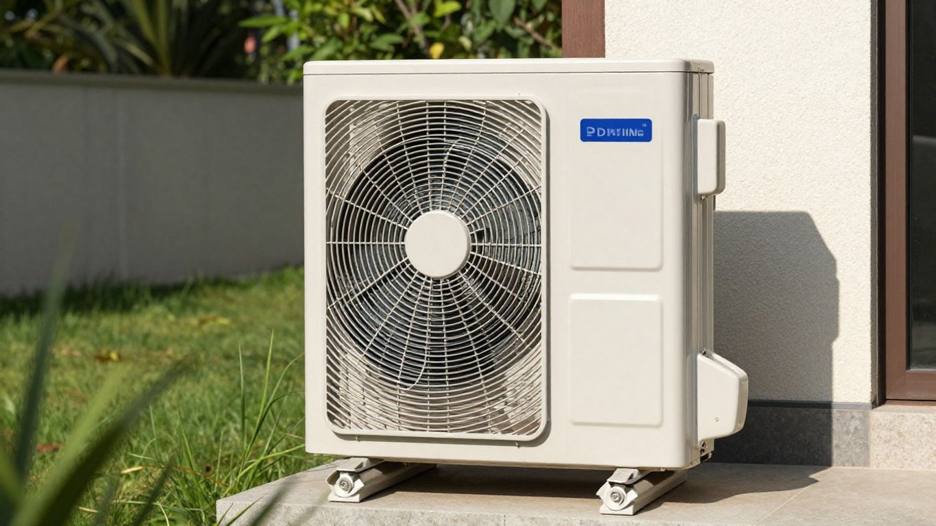 Unité extérieure de pompe à chaleur réversible dans un jardin.