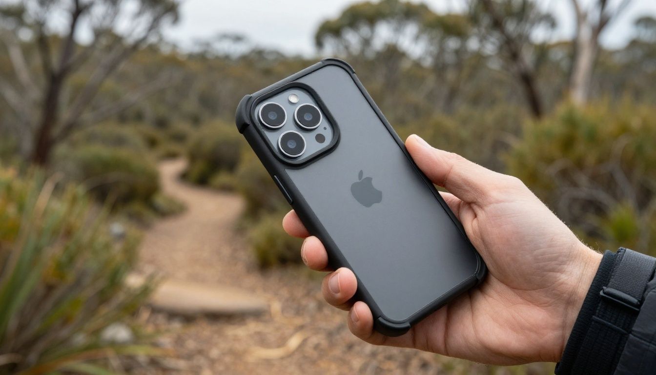 Close-up of someone's hands holding an iPhone 16 Pro in a rugged case while hiking on a trail with Australian bushland in the background.