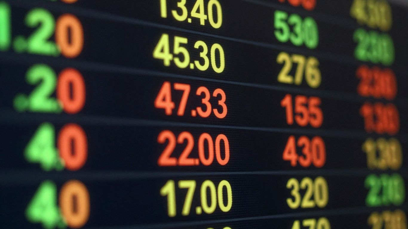 Stock ticker with fluctuating numbers.