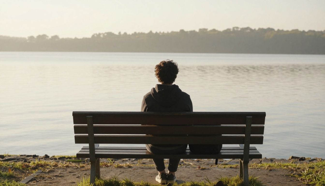 A person sits on a bench looking out over a calm lake at sunrise, symbolizing quiet reflection and the slow process of healing after being hurt.
