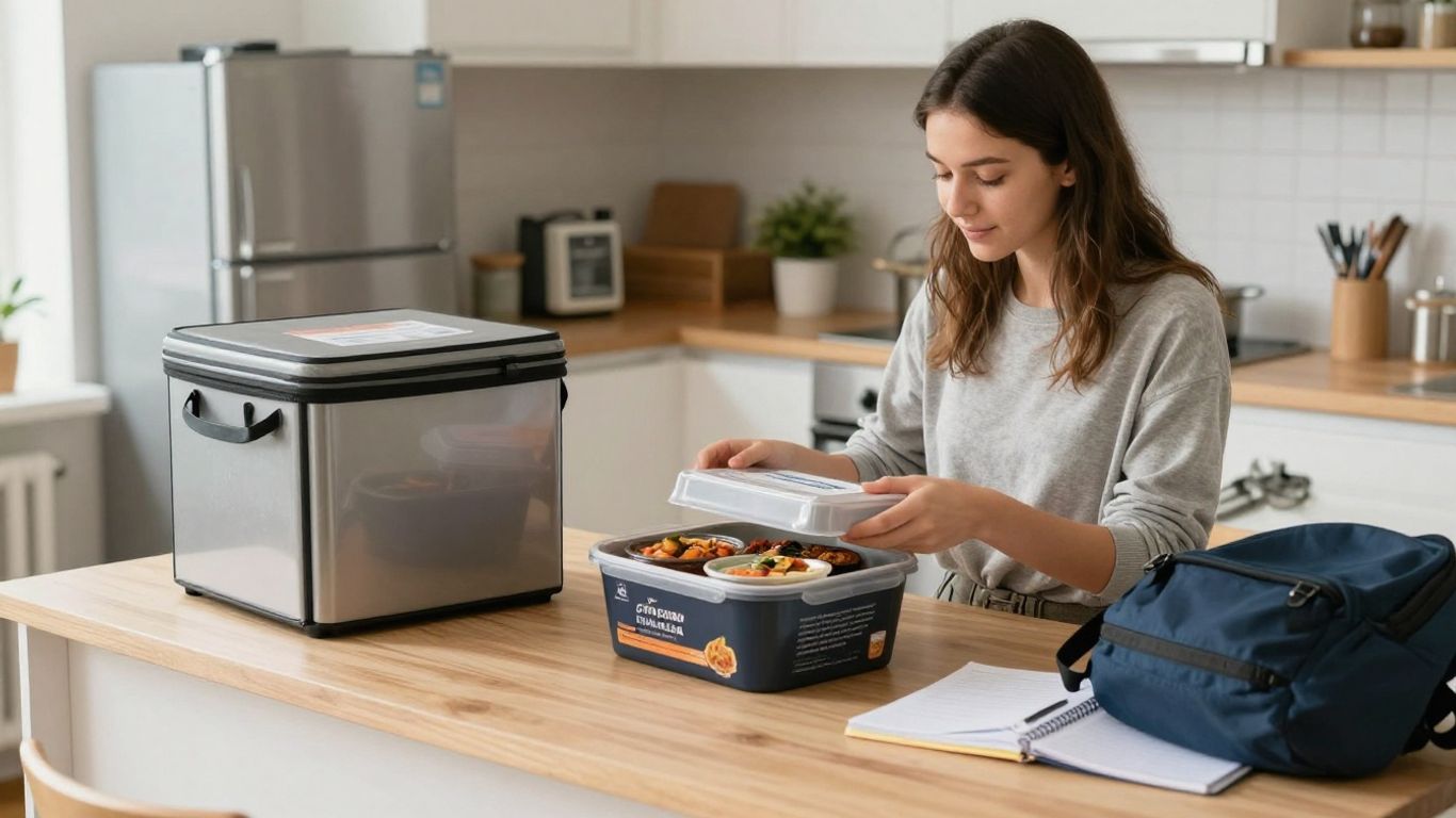 Student opening a frozen Indian meal box