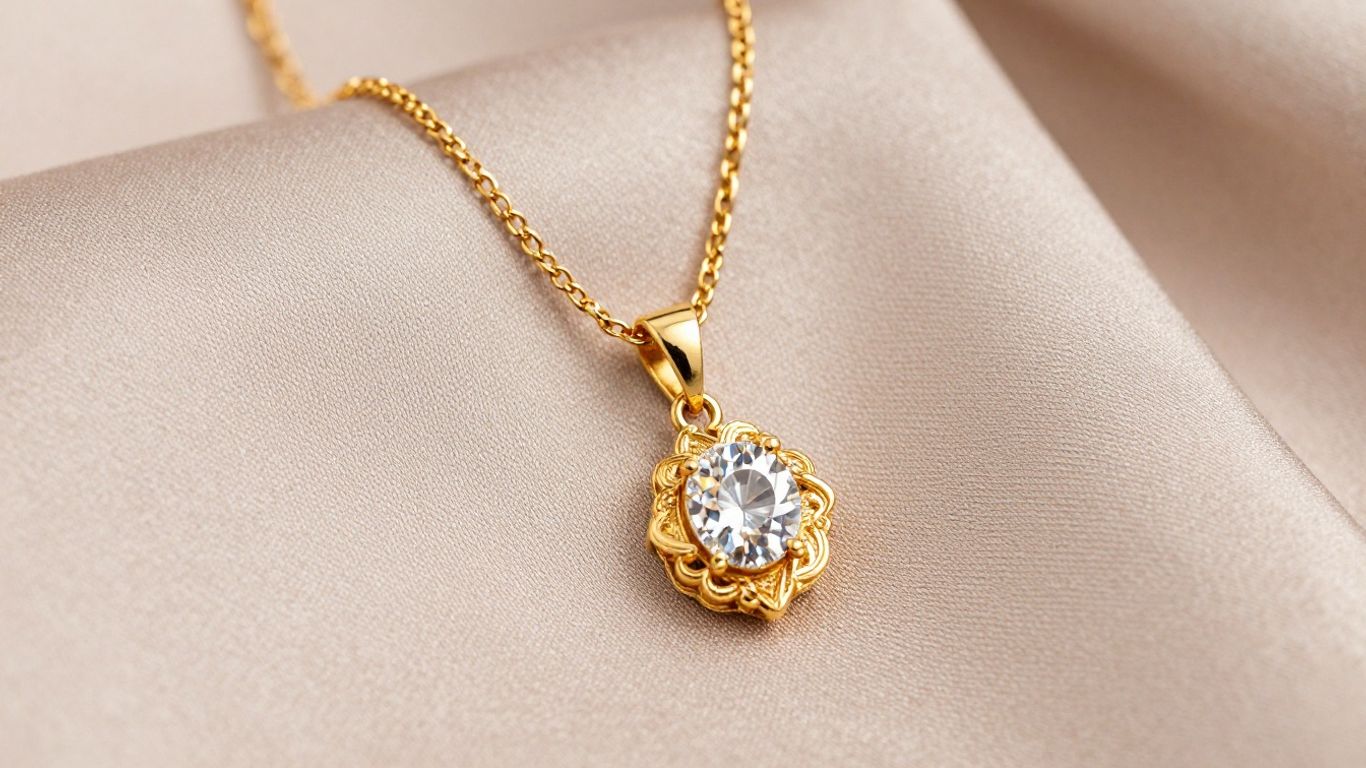 Elegant gold necklace with sparkling pendant on fabric