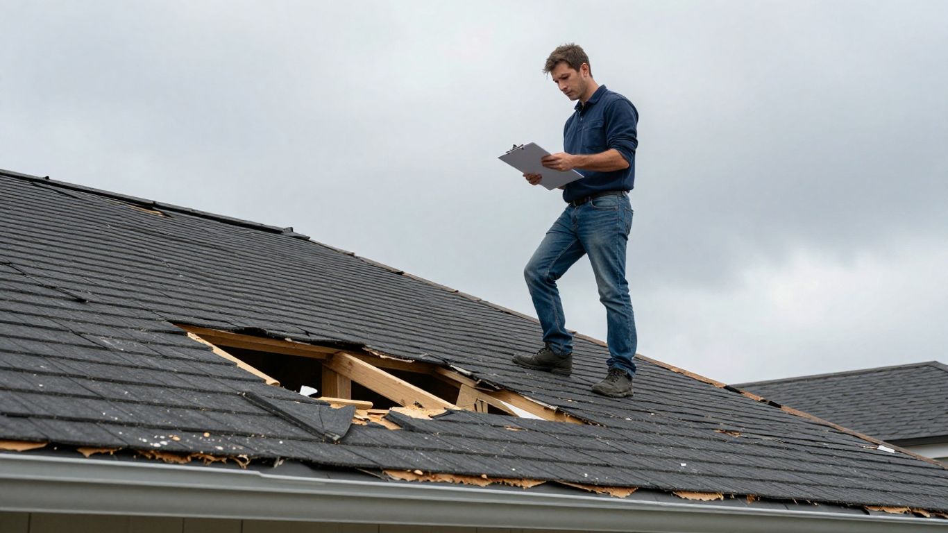 Homeowner and contractor inspect damaged roof after storm.