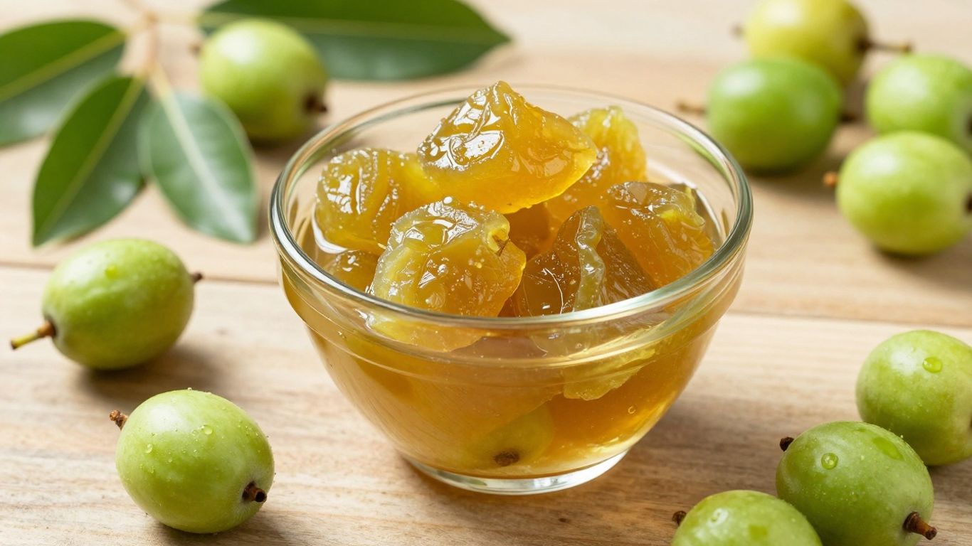 Bowl of amla murabba with fresh amla fruits