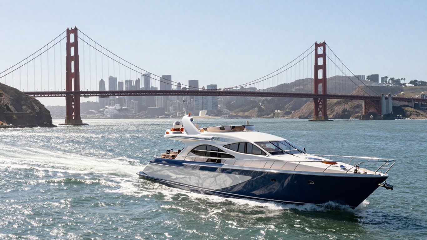 Yacht sailing on San Francisco Bay with Golden Gate Bridge.