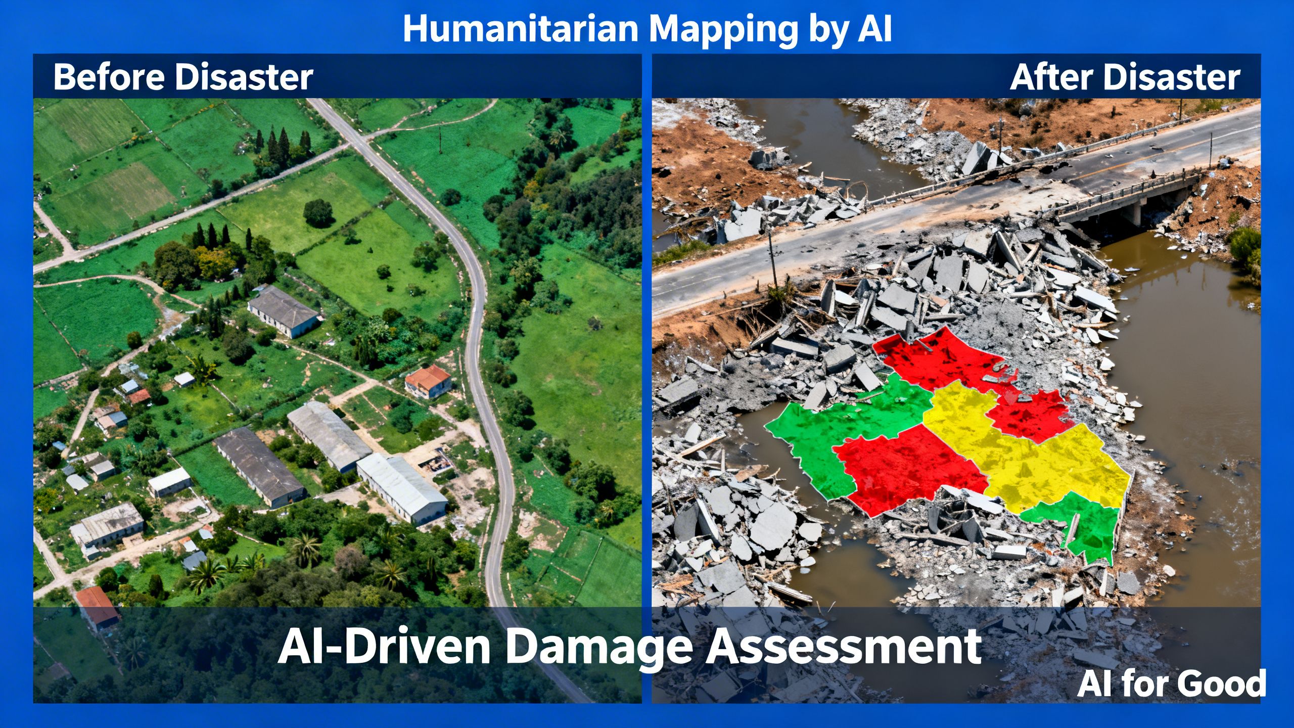 A satellite image showing the before and after of a disaster zone, highlighting the impact of AI for good in humanitarian mapping.
