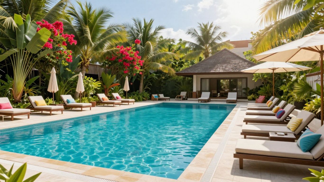 Luxury resort pool area with lounge chairs