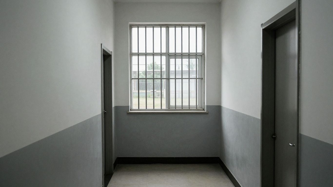 Detention center hallway with barred window.