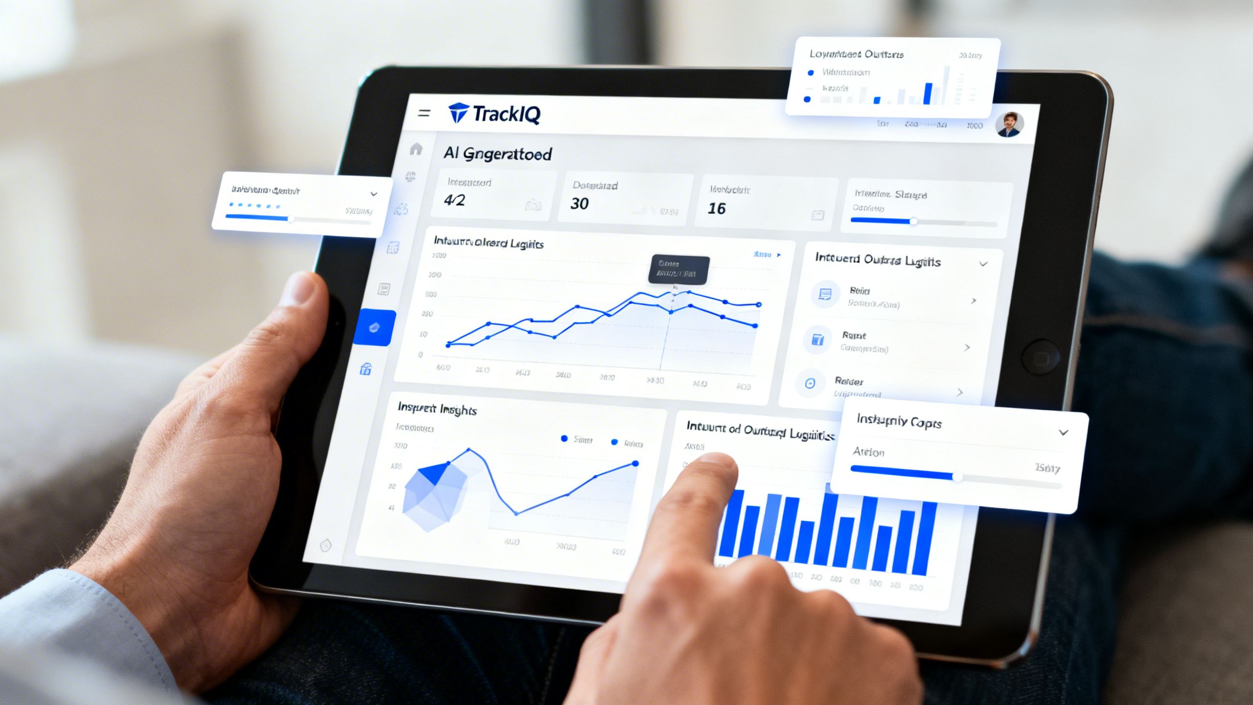 A user interacting with the TrackIQ dashboard on a tablet, with AI-generated charts and insights about inbound and outbound logistics popping up.