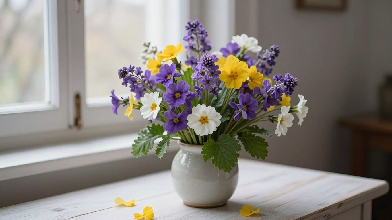 Violet and primrose bouquet in winter light