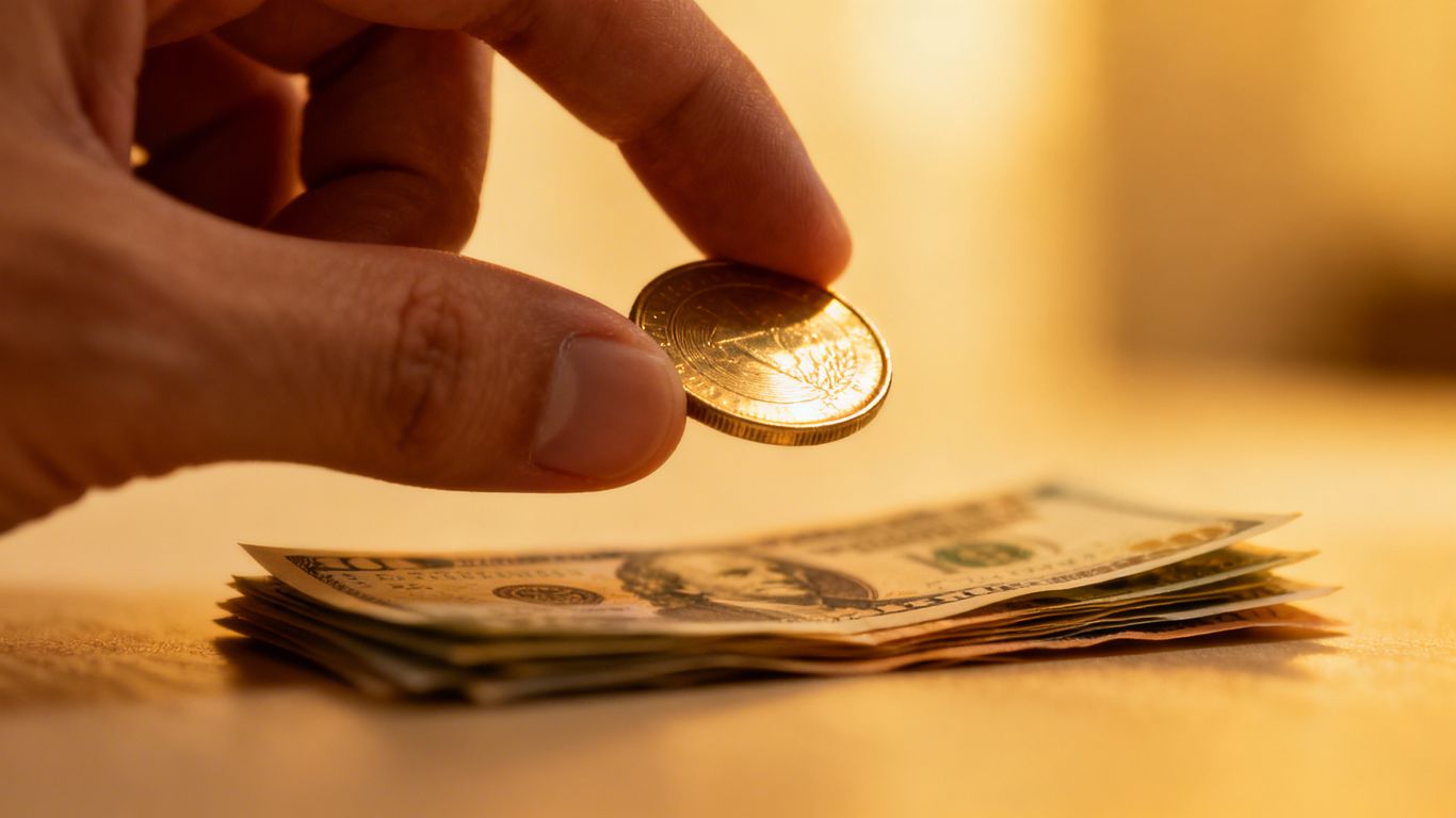 Hand holding coin over money, investing with little cash.