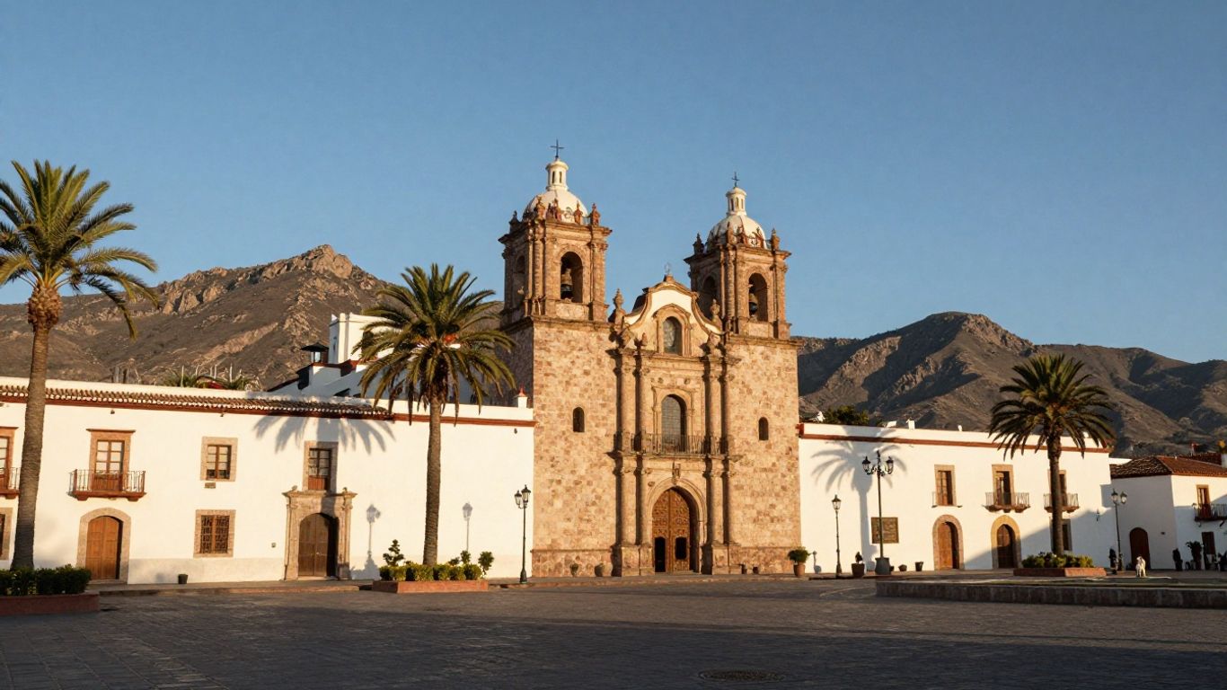 Stone mission and palm-lined Loreto plaza