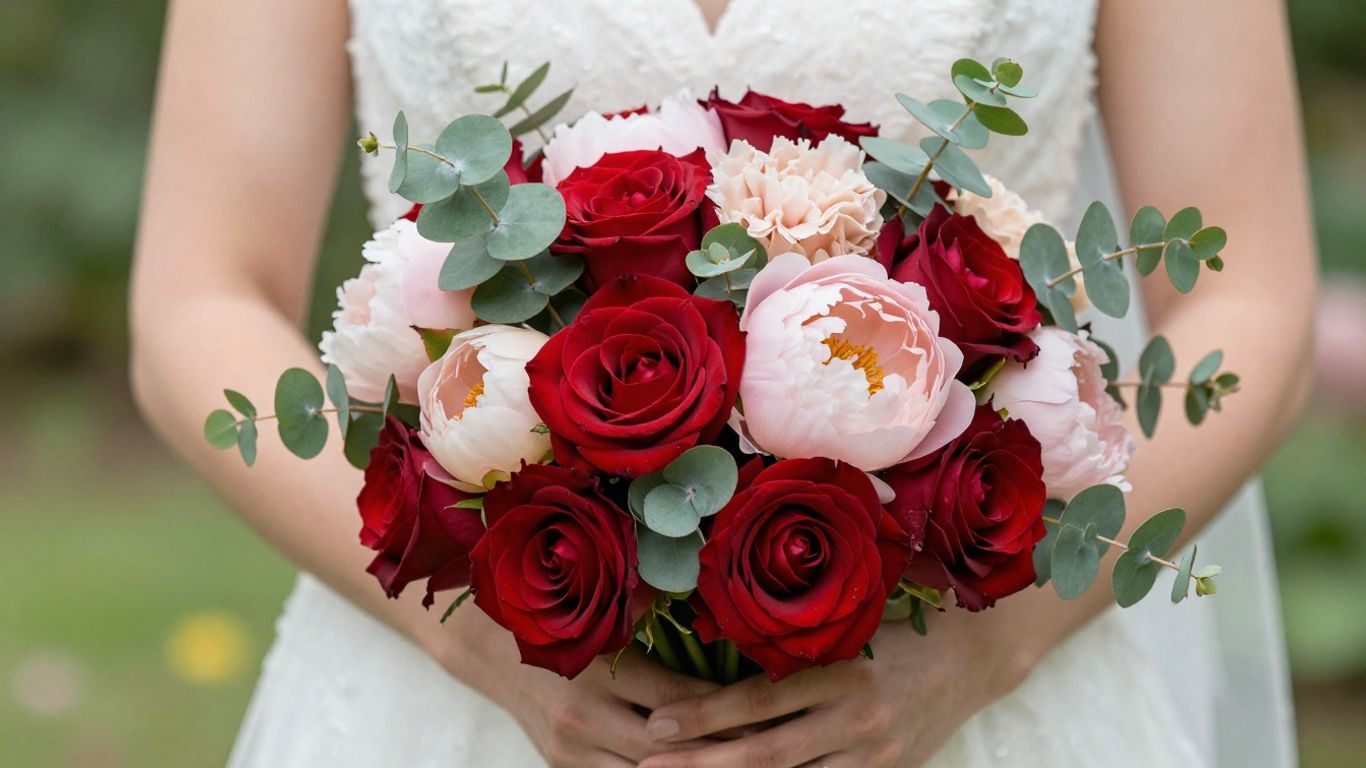 Bride holding a colorful wedding flower bouquet.