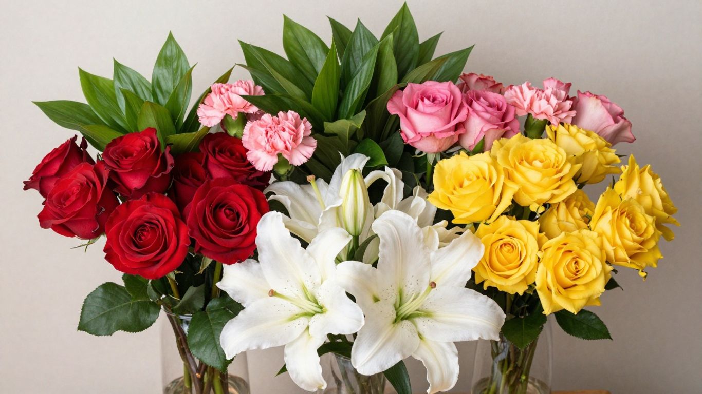 Birthday flower bouquet with roses and lilies.