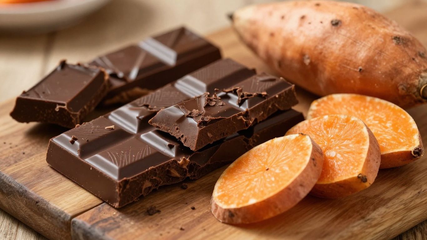 Dark chocolate and sweet potatoes for mood-boosting foods.