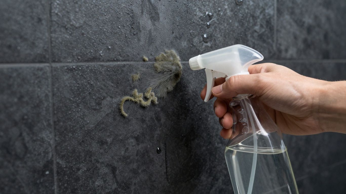 Vinegar spray bottle near moldy wall