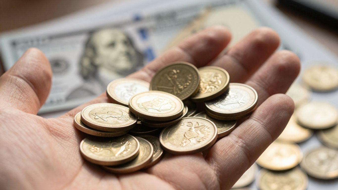 Financial concepts and applications with coins and documents.