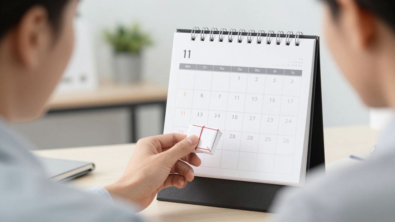 Calendar with blank appointment, hand offering package.