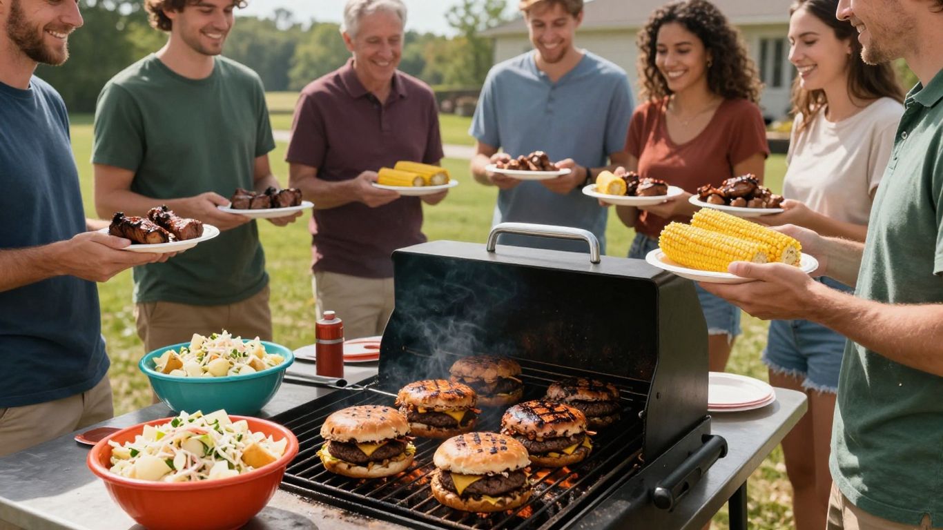 People enjoying BBQ at a game day tailgate party.