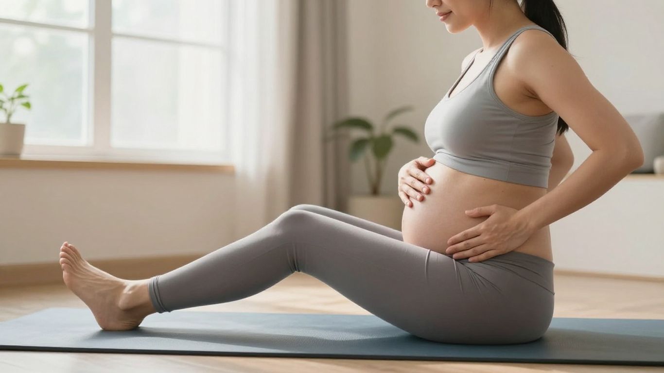 Pregnant woman stretching leg, holding lower back.