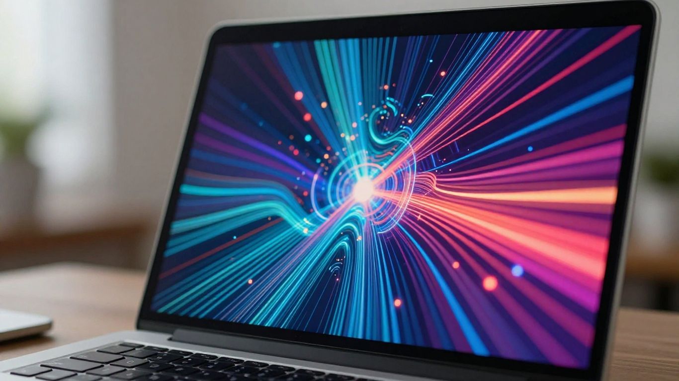 Laptop screen with abstract digital art.