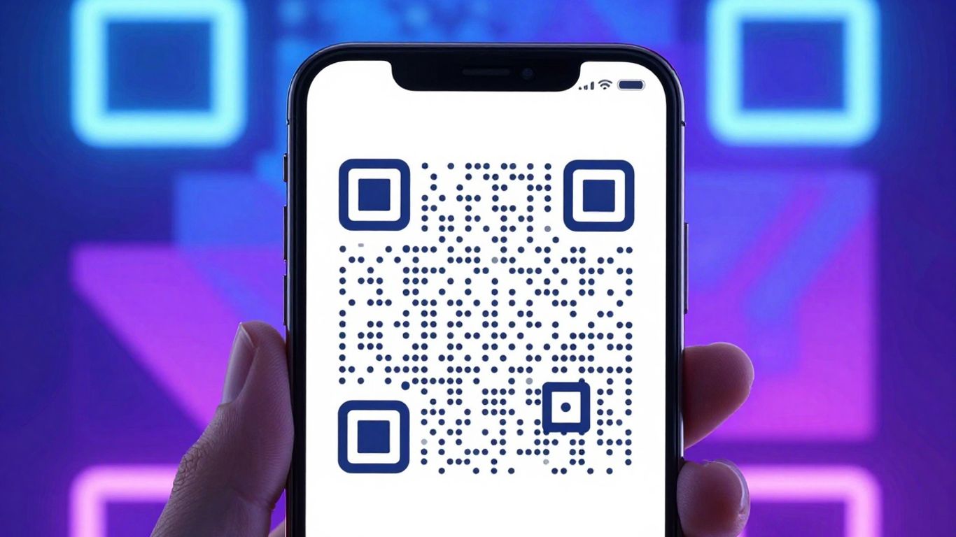 Smartphone displaying a dynamic QR code with abstract background.