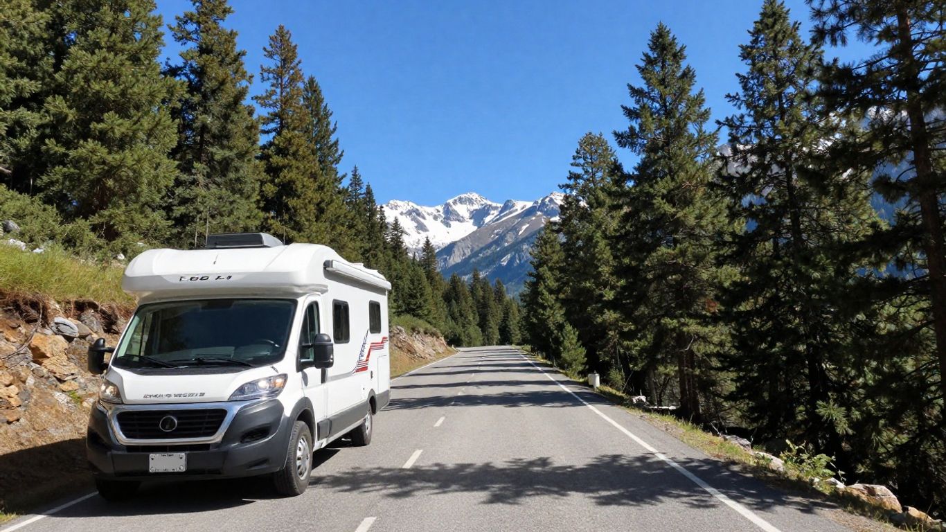 Motorhome on scenic Alaska Highway with mountains.