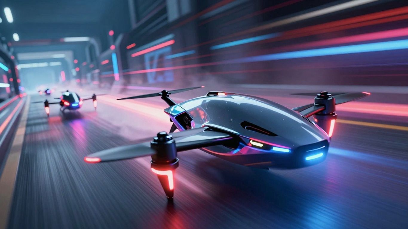 Fast drone race with glowing lights and obstacles.