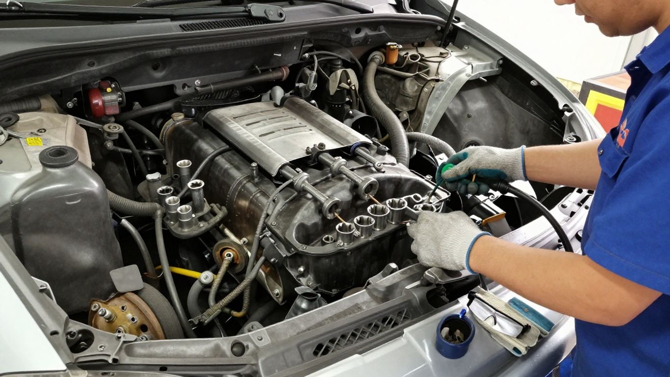 Mechanic preparing tools beside Renault vehicle