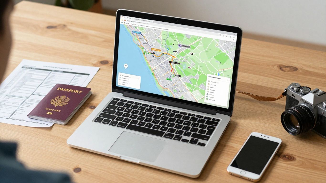 Travel planning workspace with maps and notes