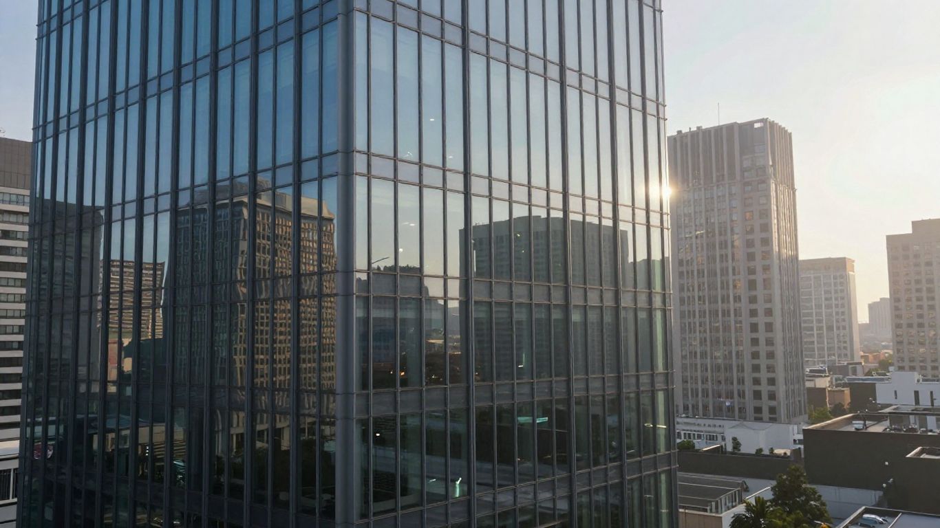 Modern office building with cityscape backdrop.