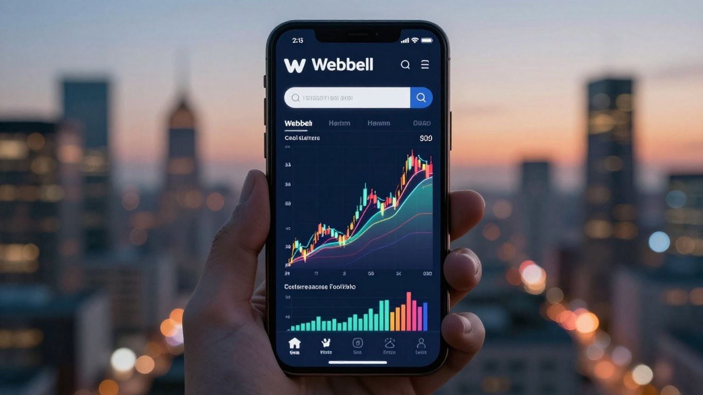 Webull app interface on a smartphone with abstract financial data.