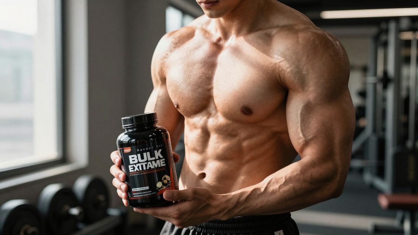 Man holding Bulk Extreme supplement bottle in gym.