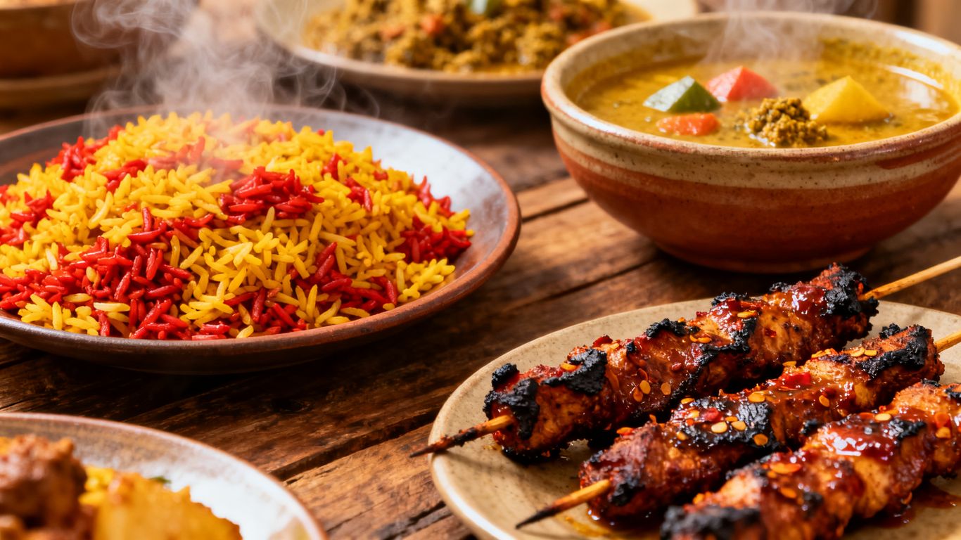 Authentic Nigerian dishes including jollof rice and suya skewers